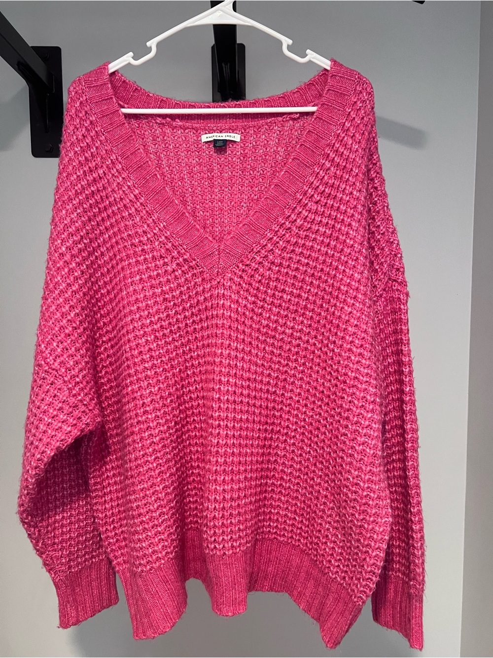 American Eagle Outfitters V-Neck Waffle Knit Sweater - Hot Pink